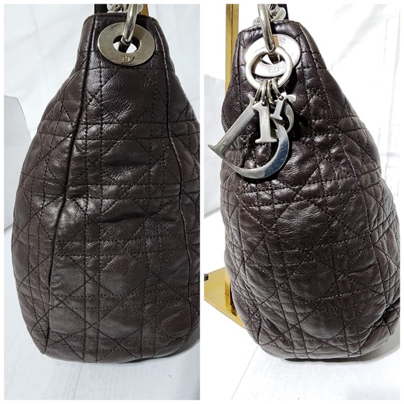 Authentic CHRISTIAN DIOR Cannage Quilted Lambskin Leather Soft Hobo Bag Brown - Picture 7 of 15